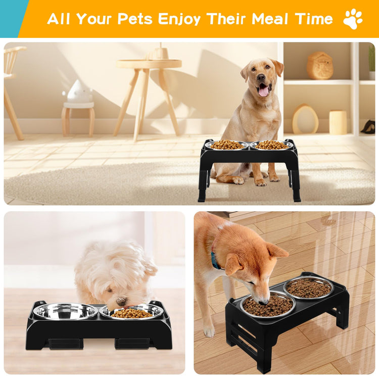 COMESOON Elevated Dog Bowls, 4 Height Adjustable Raised Bowl Stand with 2 Thick 50oz Stainless Steel Food Bowls Non-Slip Feeder Adjusts to 3.7'', 9.2'', 10.75'', 12.36'' Black, (DB-W01)