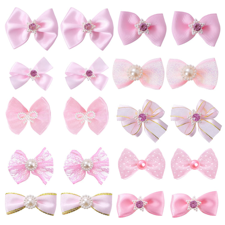 20 PCS Cute Dog Hair Bows with Rubber Bands Elastic Handmade Mix Style Lace Rhinestone Pearls for Furry Puppy Cat Pet Girl, Pink