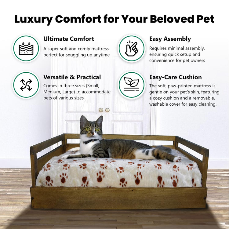 Iconic Pet Sassy Paws Wooden Pet Bed with Paw Printed Comfy Cushion for Dogs & Cats in Varying Sizes & Colors, Small-Rustic Brown