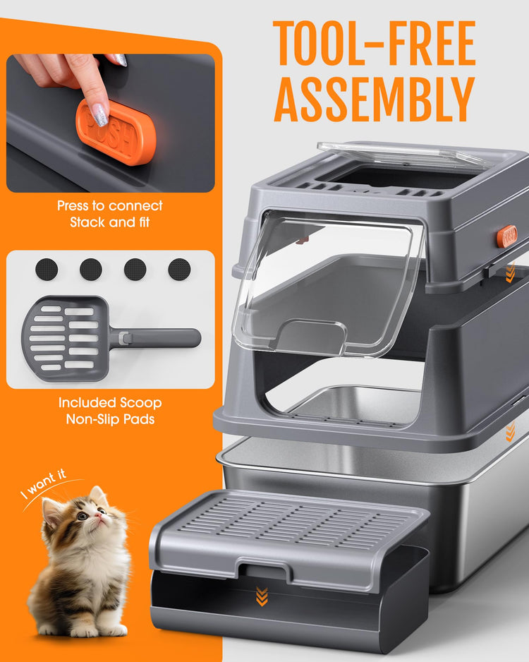 Powools Cat Litter Box - Stainless Steel Litter Box with Lid for Kitty, Metal Base Enclosed Cat Box with Litter Scoop, Elevated Step Box, Activated-Carbon Pack, 17.1" x 13.2" x 15", Grey