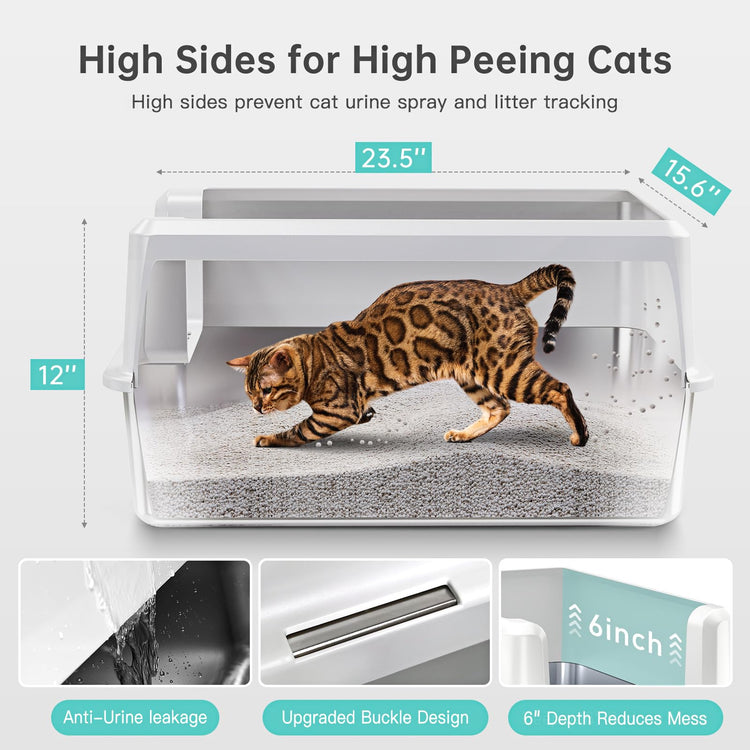 WoofiGo Enclosed Stainless Steel Cat Litter Box with Lid, XL Extra Large Litter Box for Big Cats, Metal Litter Pan High Sided, Never Absorbs Odors, Anti-Urine Leakage, Easy Cleaning, Include Scoop