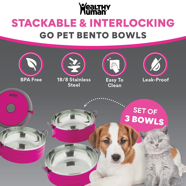 Healthy Human Travel Pet Bento Bowls - Human-Grade Stainless Steel & BPA-Free, Leak-Proof Water & Food Container Set for Dogs & Cats, 4-Pack Interlocking Bowls, Includes Spare Clips & Handle (Pink)