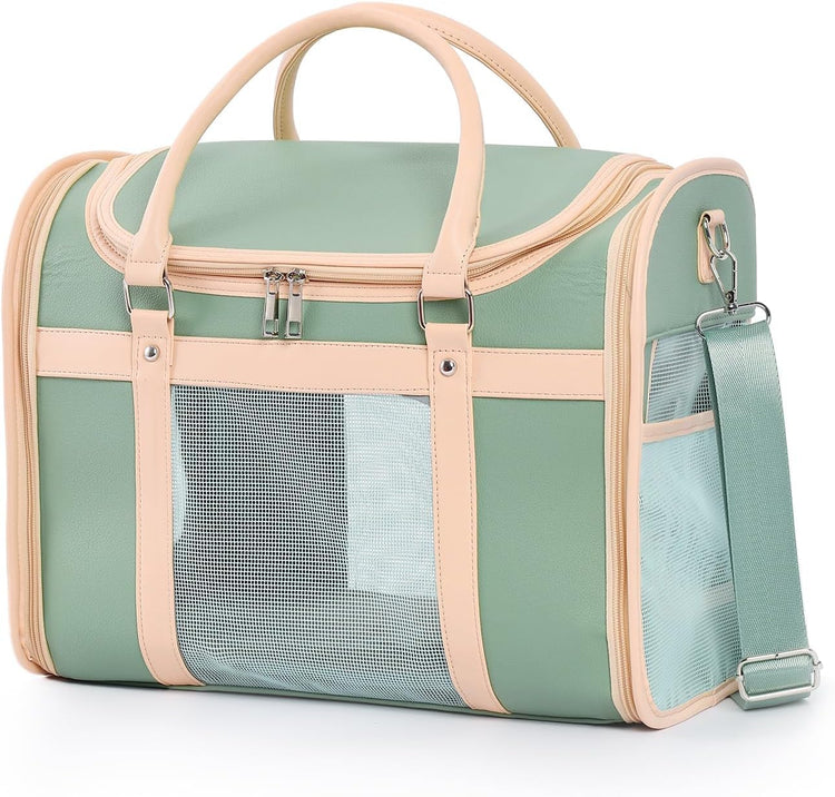 Luxury Mint Green PU Leather Pet Carrier Bag, Airline Compliant Portable Travel Crate with Breathable Mesh Panels & Shoulder Strap for Cats Small Dogs Travel & Vet Use