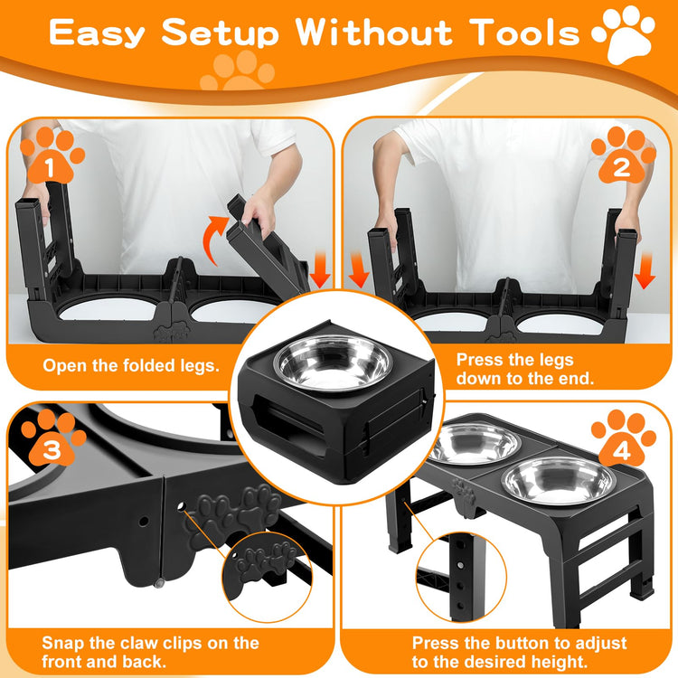 COMESOON Elevated Dog Bowls, 4 Height Adjustable Raised Bowl Stand with 2 Thick 50oz Stainless Steel Food Bowls Non-Slip Feeder Adjusts to 3.7'', 9.2'', 10.75'', 12.36'' Black, (DB-W01)