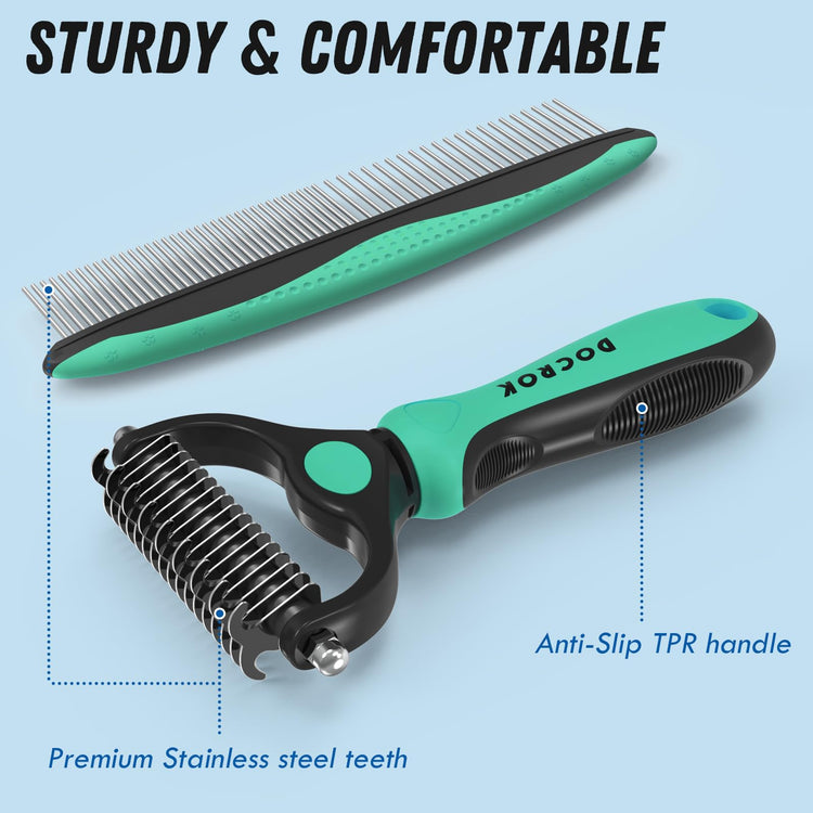 Docrok Pet Grooming Combo - Blue Deshedding Brush with Metal Comb for Detangling and Dematting Long, Matted Fur on Cats and Dogs
