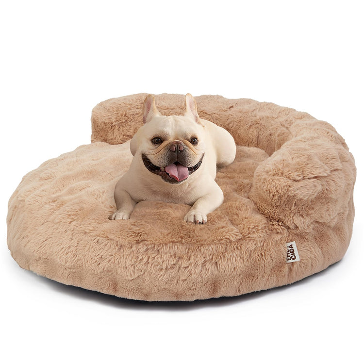 EHEYCIGA Soft Cat Couch Bed for Indoor Cats, Fluffy Small Dog Bed with Removable Washable Cover, Bolster Pet Sofa, Waterproof and Non-Slip, 23" x 23"x 7", Cream