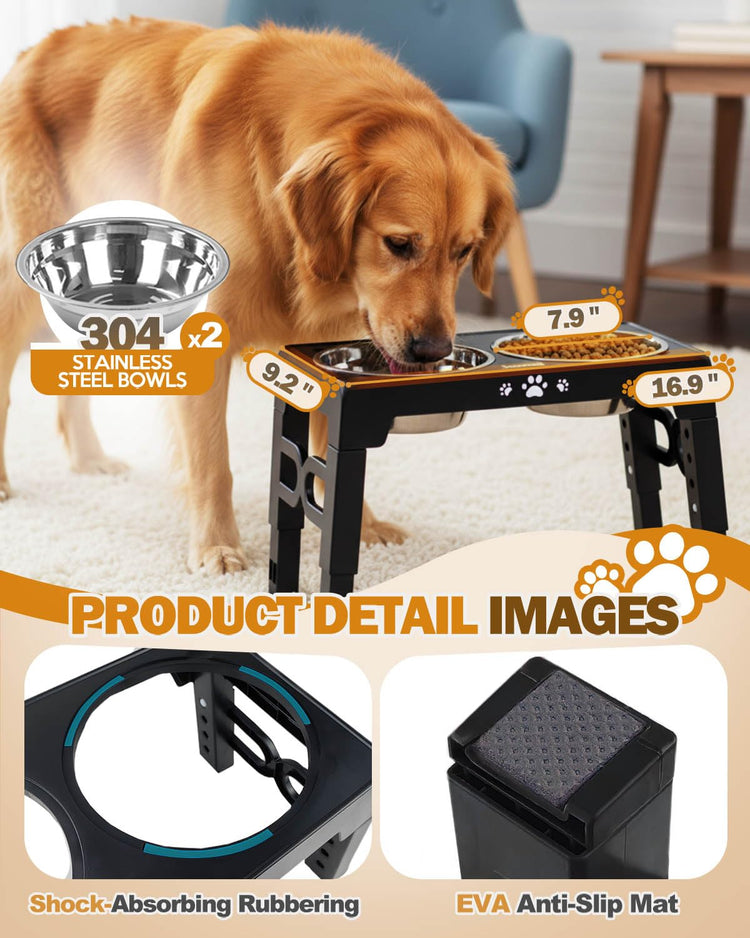 Jovrun Elevated Dog Bowls for Medium Large Size Dogs, Non-Slip Dog Feeder with 1*Stainless Steel Dishes & 1*Slow Feeder Bowl, 5 Heights Adjustable Raised Bowls to 3.15″-8.66″-9.84″-11.02″-12.2″