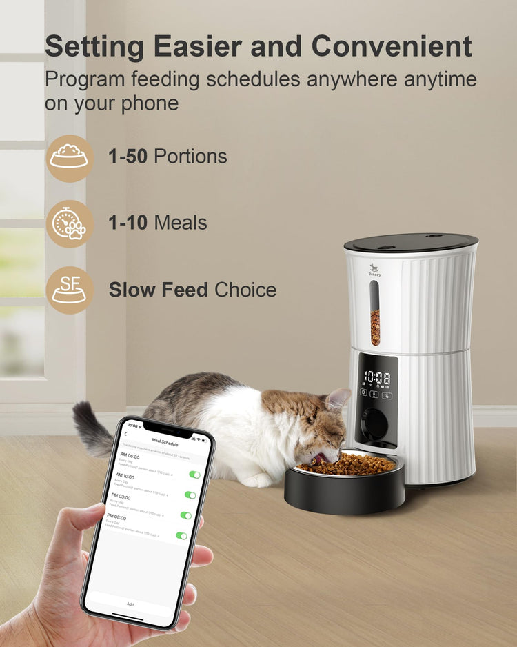 Petory Timed Automatic Cat Feeders - 4L Programable Dry Food Dispenser for Cats and Small Medium Dogs 6 Meals with Desiccant Bag Dual Power Supply 10S Voice Recorder