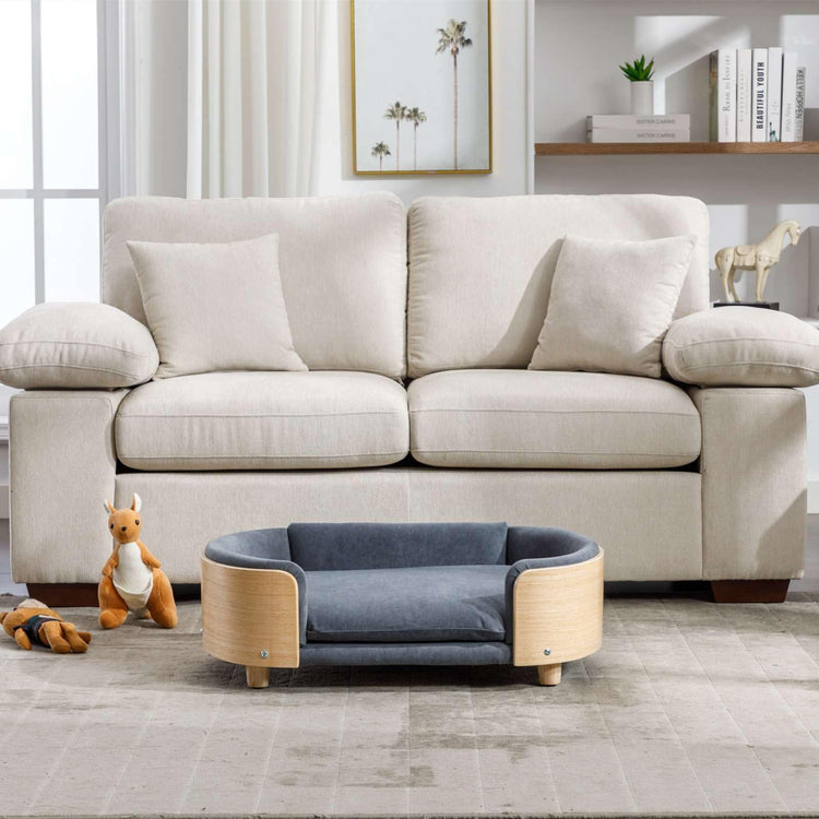 Velvet Dog Bed Pet Sofa with Solid Wood Legs and Bent Wood Back, Stain-Resistant Cushion in Multiple Colors - Luxury Pet Furniture for Cats and Dogs, Dark Grey