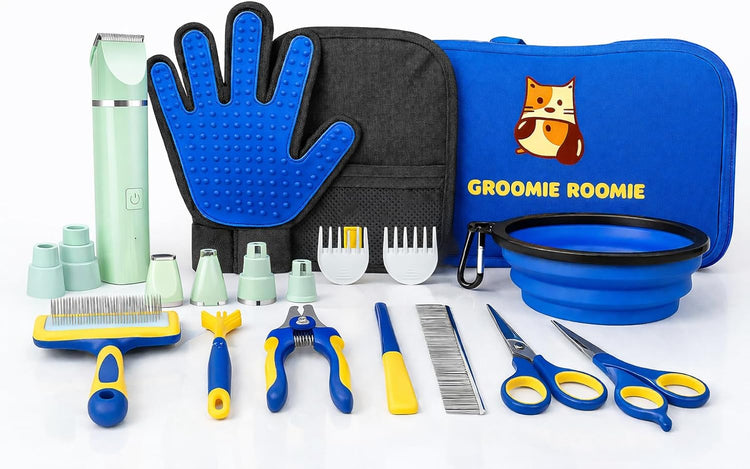 Deluxe 16-Piece Pet Grooming Kit with Carry Bag -Kit for Dogs & Cats – Quiet Clippers, Nail Grinder & Brushes
