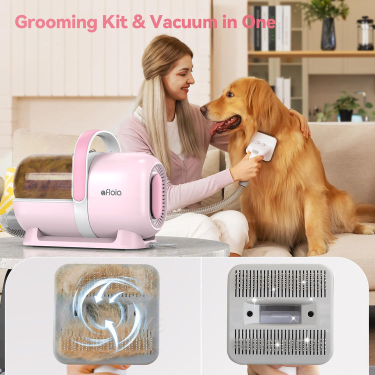 Afloia 6-in-1 Dog Grooming Kit, Pet Grooming Vacuum for Shedding, Dog Hair Vacuum with Clipper Nail Trimmer Grinder, Pet Brush Groomer at Home, Low Noise Cats Hair Remover, 1.5L Dust Cup, Pink