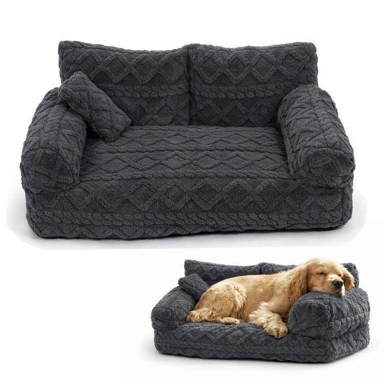 Plush Calming Pet Sofa Bed, 6 Sizes Large Fluffy Dog Cat Couch Beds Plush for Indoor, Raised Rim, Removable Cover & Non-Slip Bottom for Cats and Dogs of Any Size (Dark Grey, Small)