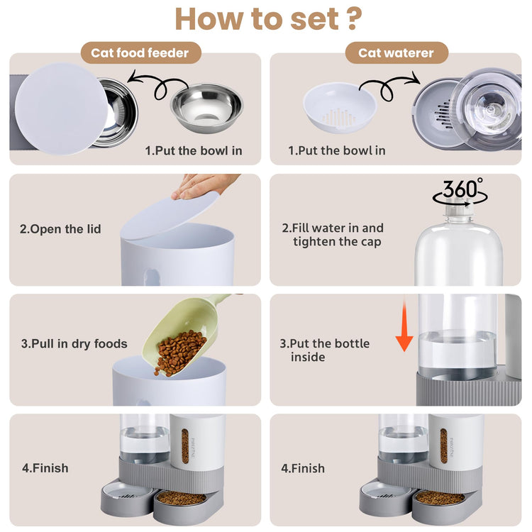 2 Pack Automatic Cat Feeder Stainless Steel Water Dispenser Gravity Food Feeder and Waterer Set with Pet Food Bowl for Small Medium Kitten Puppy Pets Large Capacity(Grey)