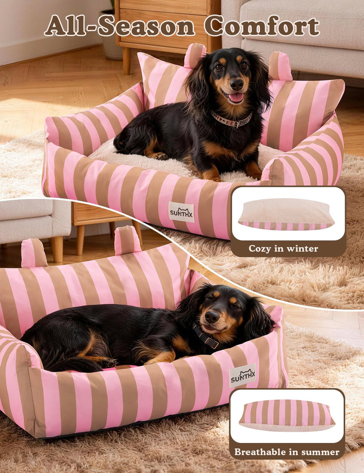Cat Couch, Reversible Pet Bed for Indoor Cats – 2-Sided Cat Sofa with Oxford Fabric and Plush Fleece, Washable Small Dog Couch for Puppies and Senior Pets, Non-Slip Bottom, 28 inch, Pink Brown