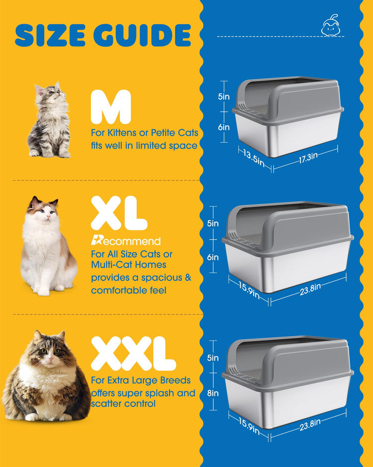 Powools Stainless Steel Cat Litter Box, Metal Litter Box with Scoop, High- Sided, Anti-Leakage Top Entry, Non-Sticky, Easy to Clean, Grey, M (1 Pack)