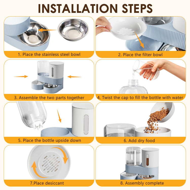 Automatic Gravity Cat Dog Feeder and Water Dispenser with 304 Stainless Steel Bowls 2 in 1 360 Degree Rotatable Auto 2.4L Dry Food and 2.6L Water Bowl for Small Medium Pet Dog Puppy Kitten (Gray)