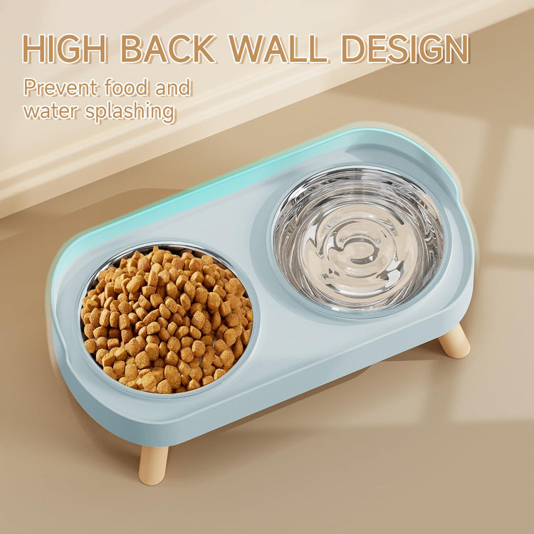 Elevated Cat Bowl, Raised Cat Food and Water Bowl Set for Indoor Cats, Splash Proof with 2 Stainless Steel Pet Food Bowls for Cats and Puppies, Whisker Fatigue and Dishwasher Safe - White