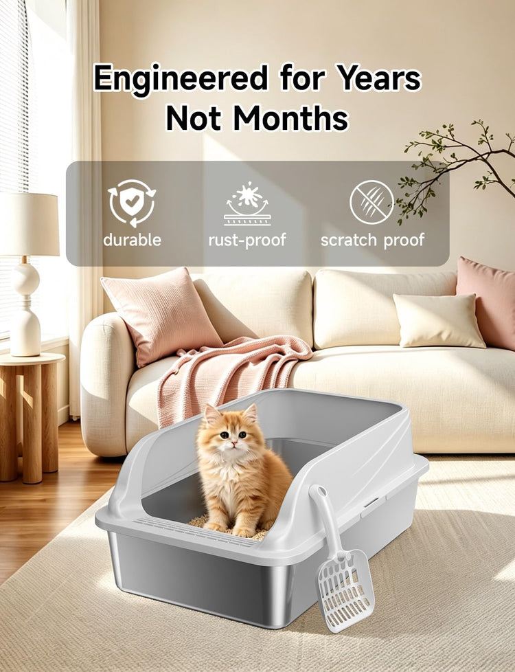 Stainless Steel Cat Litter Box, Odor Free Metal Litter Box with High Sides Lid, Open Top Low Entry Litter Pan Include Scoop Easy Cleaning Anti-Scratch Kitty Cat Box Anti-Urine Leakage, Non-Sticky