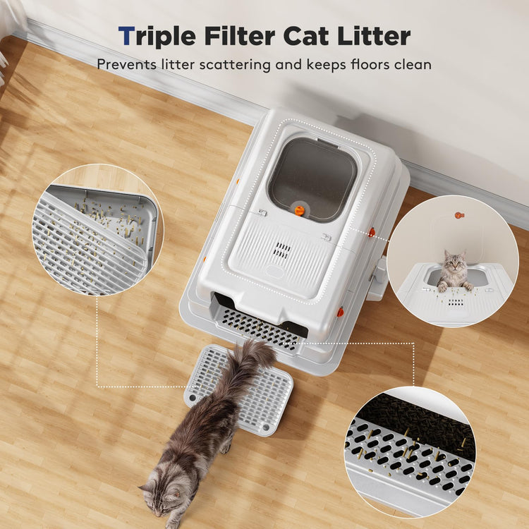 FURTIME Stainless Steel Litter Box with Lid, Large Enclosed Cat Litter Box for Big Cats, Metal Cat Box with High Sided Enclosure & Scoop, Front & Top Entry, Odor Free, Anti-Leakage, Grey