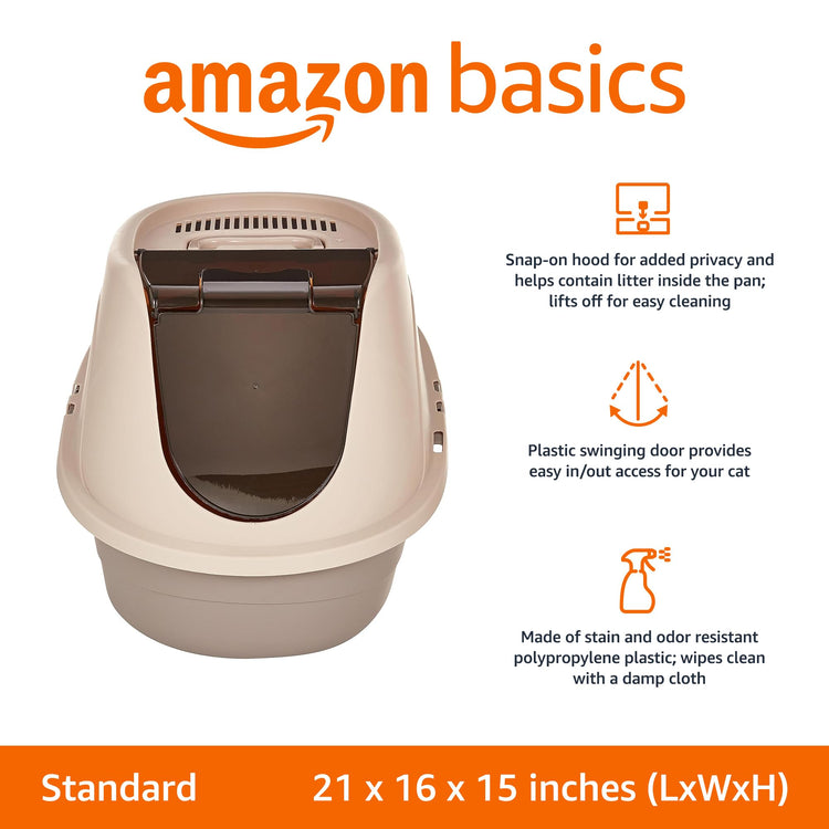 Amazon Basics No-Mess Hooded Enclosed Cat Litter Box with Odor Control and Swinging Door, Standard, 21" x 16" x 15", Multicolor