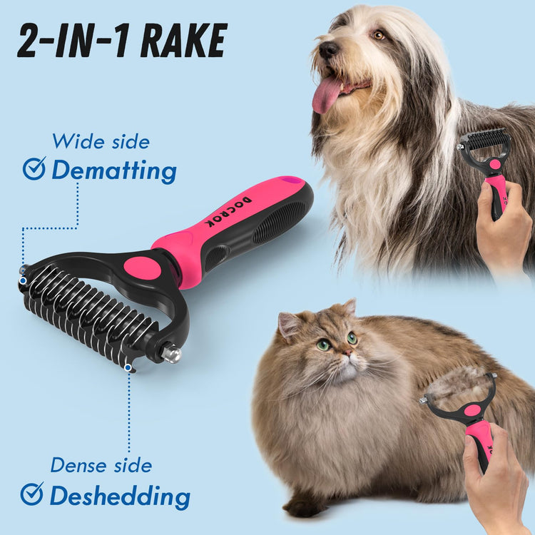 Docrok Pet Grooming Combo - Blue Deshedding Brush with Metal Comb for Detangling and Dematting Long, Matted Fur on Cats and Dogs