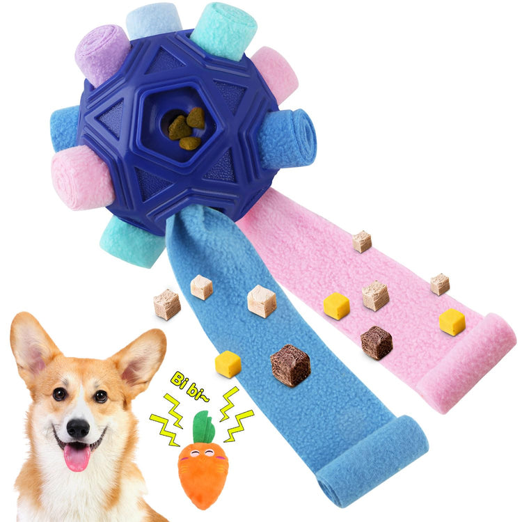 Dog Snuffle Ball-Interactive Puzzle Dog Toys Encourage Natural Foraging Skills Slow Feeder for Training and Stress Relief, Cloth Strip Hiding Food Chew Toys with Squeaky Carrot Toy for Any Size