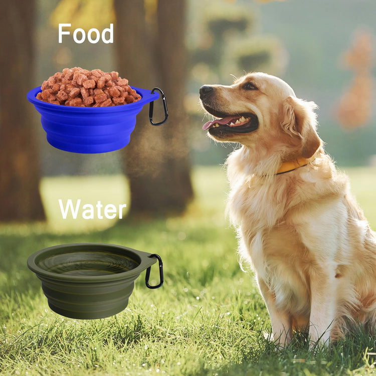 PetBonus 2-Pack Silicone Collapsible Dog Bowls, BPA Free Dishwasher Safe, Portable Foldable Expandable Travel Bowl, Food Water Feeding Cup Dish for Dogs Cats with 2 Carabiners (Turquoise, Tan)