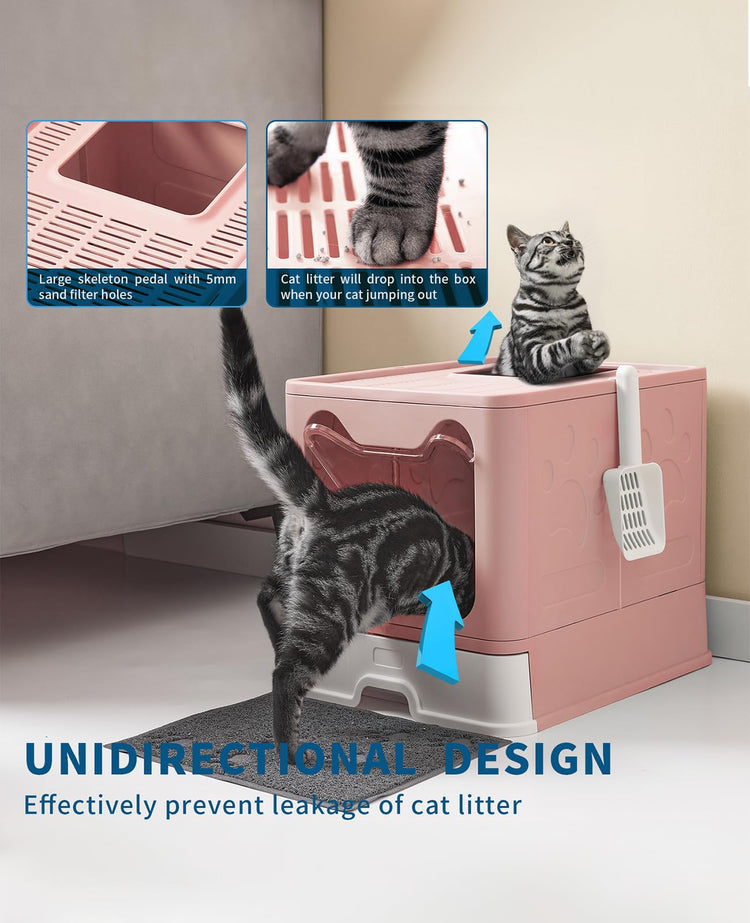 Medario Cat Litter Box with Litter Mat and Scoop, Large Covered Litter Box with Lid, Enclosed Kitty Box, Front Entry Top Exit, Odor Control, Easy to Clean (Grey)