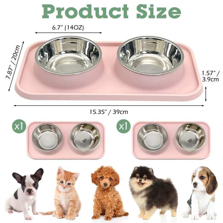 BNOSDM Double Dog Food Bowls Stainless Steel Dog Food and Water Bowls with Non-Spill Plastic Mat Pet Cat Feeder Bowl Set for Puppy Cats Kitten Small Medium Dogs Pink