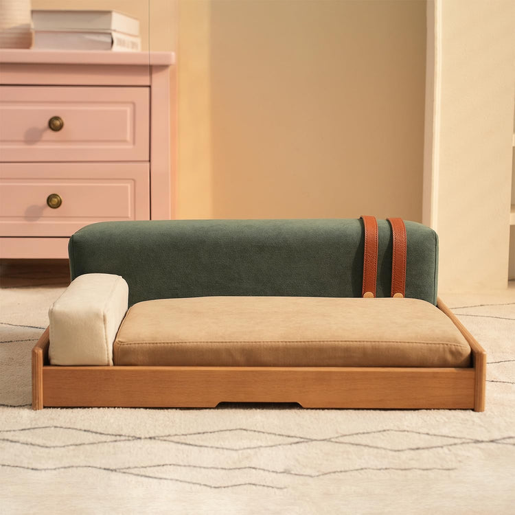 GDFStudio 27.6" Wooden Pet Bed for Cats and Dogs, Oak Veneer Frame with Washable Cushion, Scratch-Resistant Fabric, Elevated Pet Sofa Bed with Hanging Toy and Non-Slip Feet for Medium to Large Pets