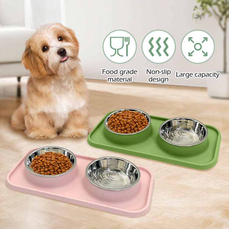 BNOSDM Double Dog Food Bowls Stainless Steel Dog Food and Water Bowls with Non-Spill Plastic Mat Pet Cat Feeder Bowl Set for Puppy Cats Kitten Small Medium Dogs Pink