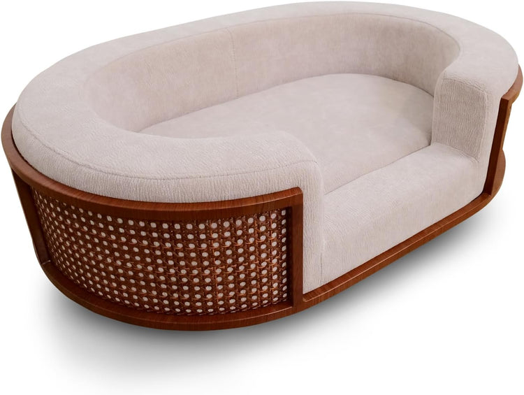 4 Cats & Dogs Gracie Rattan Bed for Small Pets, Walnut Wood Frame with Handwoven Rattan, Soft Removable Taupe Cushion, Small Pet Sofa Bed, Indoor Sofabed, Pet Furniture for Cats & Dogs - Taupe/Walnut