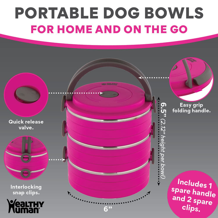 Healthy Human Travel Pet Bento Bowls - Human-Grade Stainless Steel & BPA-Free, Leak-Proof Water & Food Container Set for Dogs & Cats, 4-Pack Interlocking Bowls, Includes Spare Clips & Handle (Pink)