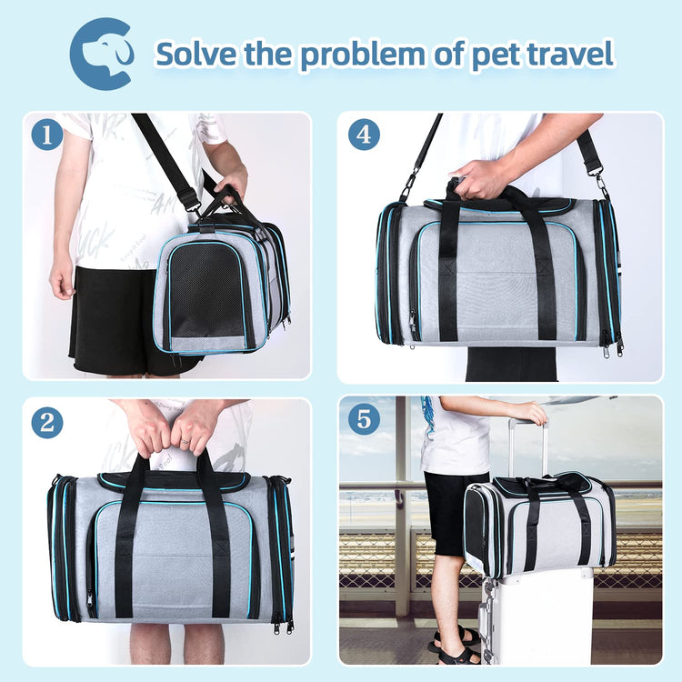 Cat Dog Carrier - Airline Approved Expandable Soft-Sided Pet Carrier with Removable Fleece Pad and Pockets, for Cats/Puppy and Small Animals Large(2 side expandable)