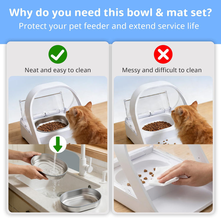 Stainless Steel Bowl for Automatic Microchip Cat Pet Feeder, Sealing Ring Design for Keeping Food Fresh and Reducing Odor, SUS 304, Easy to Clean, 2 Bowl & 1 Mat Set