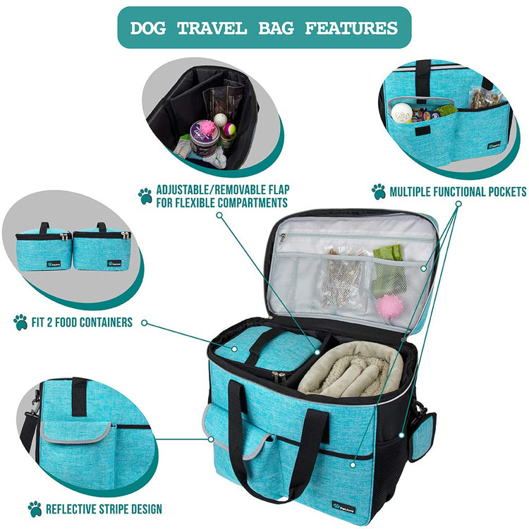 PetAmi Dog Travel Bag Organizer, Pet Travel Kit with 2 Food Containers & 2 Collapsible Dog Bowls, Pet Supplies Tote with Luggage Sleeve, Weekend Road Trip Camping Essentials, Dark Gray, Medium