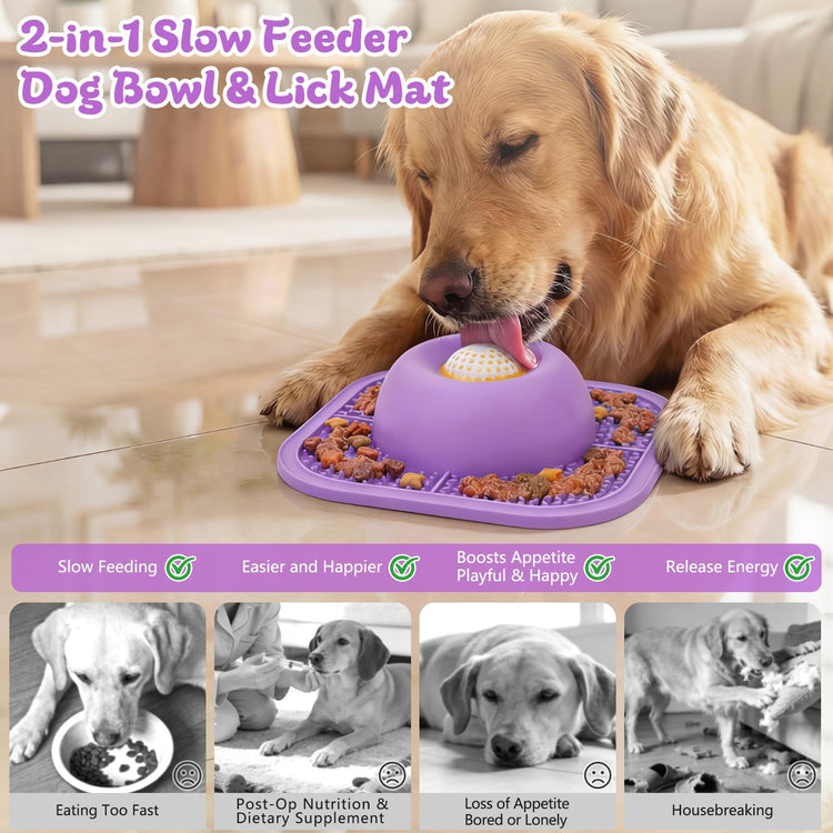 Slow Feeder Dog Bowls & Lick Mat for Liquid and Thick Treat, Anti-Slip Dog Lick Bowl with Interactive Rolling Ball, 5/6 Cup Pup Licking Toy for Large Medium Small Dogs and Cats Blue