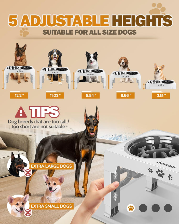 Jovrun Elevated Dog Bowls for Medium Large Size Dogs, Non-Slip Dog Feeder with 1*Stainless Steel Dishes & 1*Slow Feeder Bowl, 5 Heights Adjustable Raised Bowls to 3.15″-8.66″-9.84″-11.02″-12.2″