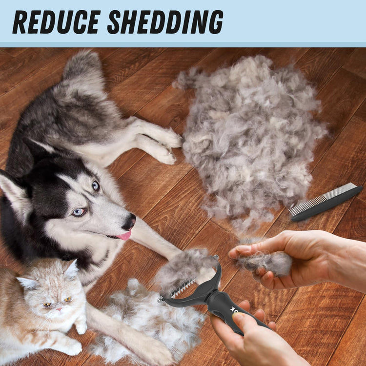 Docrok Pet Grooming Combo - Blue Deshedding Brush with Metal Comb for Detangling and Dematting Long, Matted Fur on Cats and Dogs