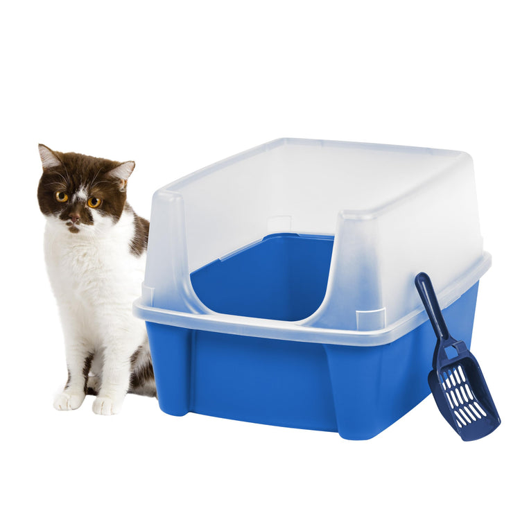 IRIS USA Cat Litter Box Large Open Top with High Sided Walls Tall Scatter Shield Scoop Included Easy Clean Plastic Pan Stain Resistant for Big Cats Kittens Indoor Multi-Cat Households