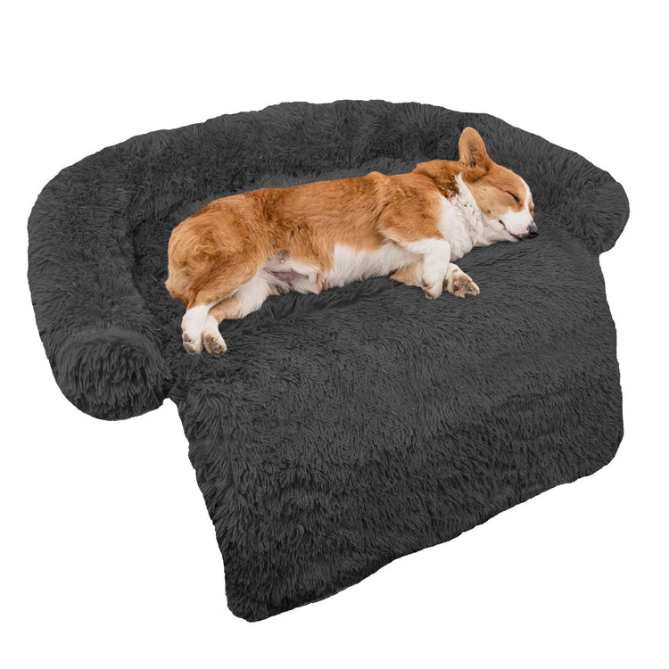Calming Dog Bed Fluffy Plush Dog Mat for Furniture Protector with Removable Washable Cover for Large Medium Small Dogs and Cats (Small(35x31x5), Light Grey)