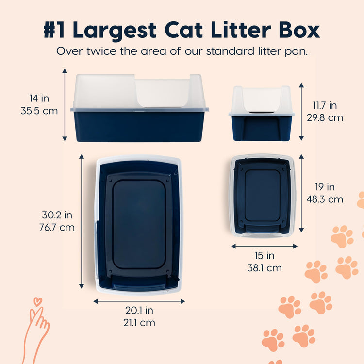 IRIS USA Cat Litter Box XX-Large Open Top with High Sided Walls Tall Scatter Shield Scoop Included Easy Clean Plastic Pan for Big Cats Kittens Multi-Cat Households 30"L x 20"W x 14"H Navy