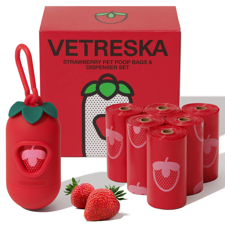 VETRESKA Dog Poop Bag Dispenser with Cherry Blossom Scented Poop Bags, Leak Proof and Extra Thick Pet Waste Bags, 1 Poop Bag Holder and 105 Bags for Dog Walking and Cats Litter, Pink