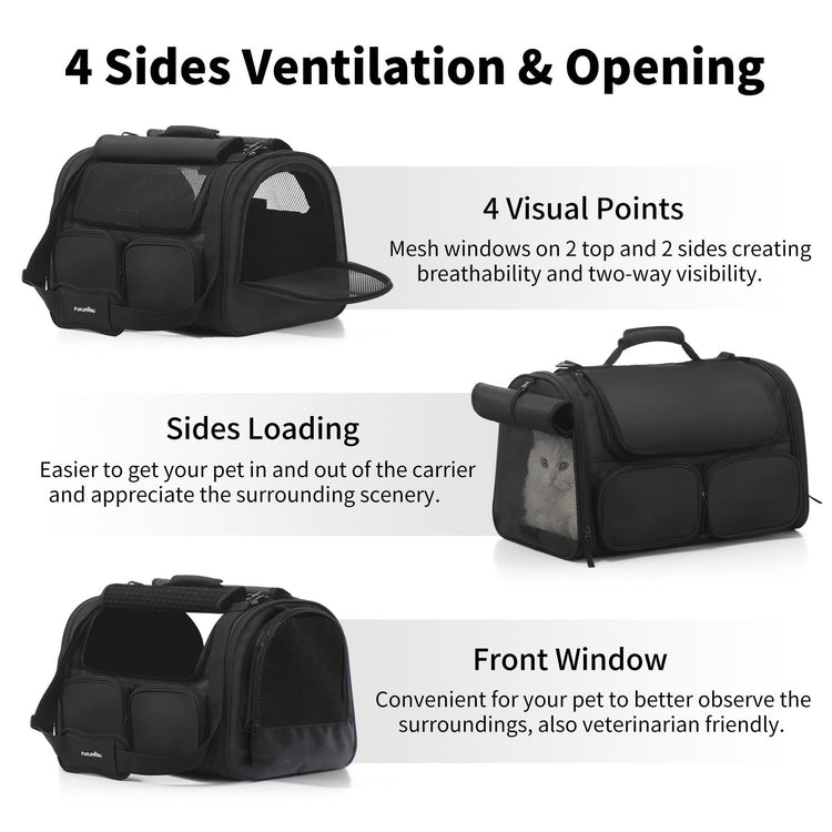FUKUMARU Cat Carrier, Soft-Sided Small Dog Carrier, Large Cat Travel Bag with 4 Mesh Windows, Under 15 lb Airline Approved Pet Carrier with 4 Storage Pockets, Rollable Cover for Nervous Cats, Grey