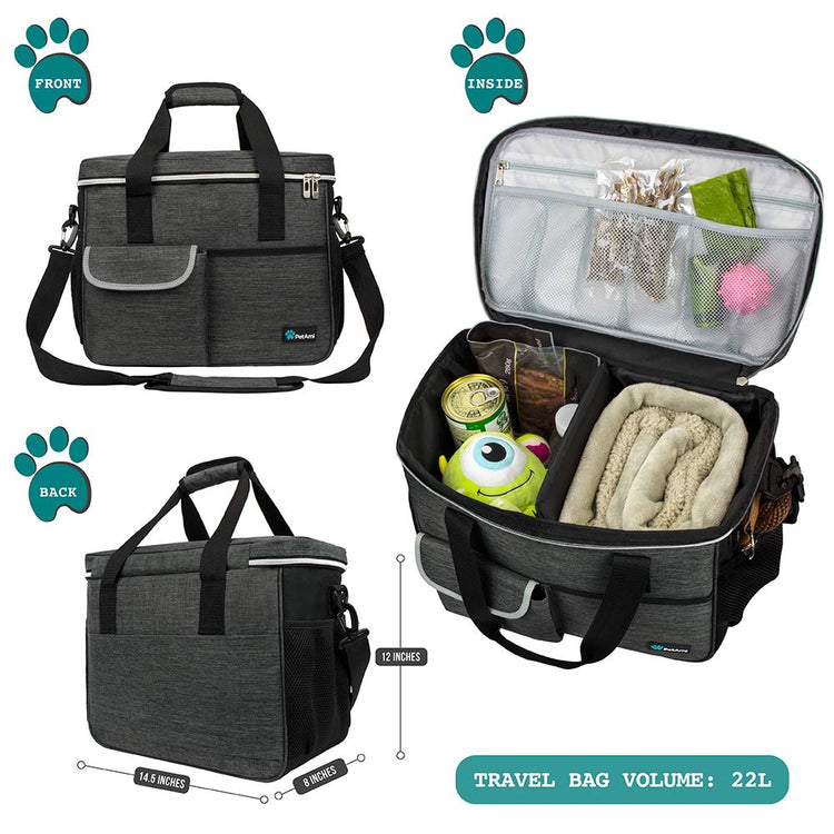 PetAmi Dog Travel Bag Organizer, Pet Travel Kit with 2 Food Containers & 2 Collapsible Dog Bowls, Pet Supplies Tote with Luggage Sleeve, Weekend Road Trip Camping Essentials, Dark Gray, Medium