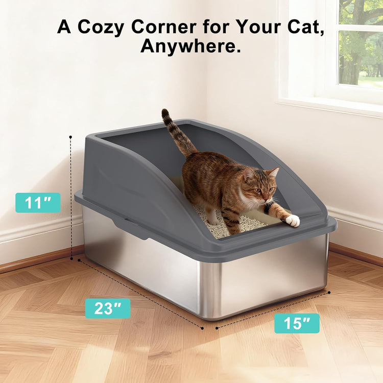 2 Pack Stainless Steel Litter Box for Kitty | Metal Kitty Litter Box with Lid High Sided for Small Cats or Injured Cats, Bunny Litter Boxes, Low Entry, Odor-Free, Non-Stick,Includes Scoop