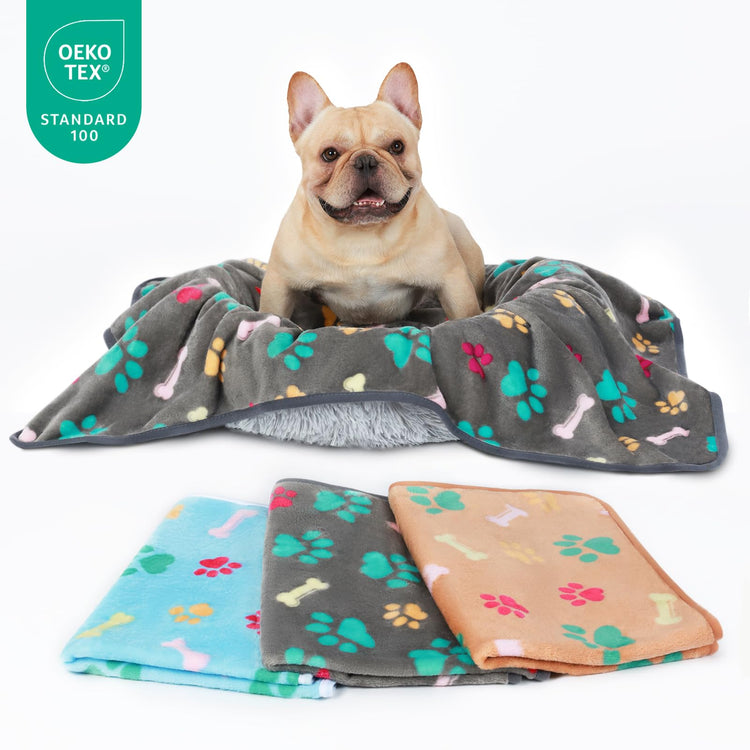 Luciphia 1 Pack 3 Blankets Fluffy Premium Fleece Pet Blanket Flannel Paw Printed Throw for Dog Cat(Small 23x16'', Grey/Brown/Blue)