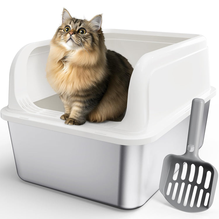 Powools Stainless Steel Cat Litter Box, Metal Litter Box with Scoop, High- Sided, Anti-Leakage Top Entry, Non-Sticky, Easy to Clean, Grey, M (1 Pack)