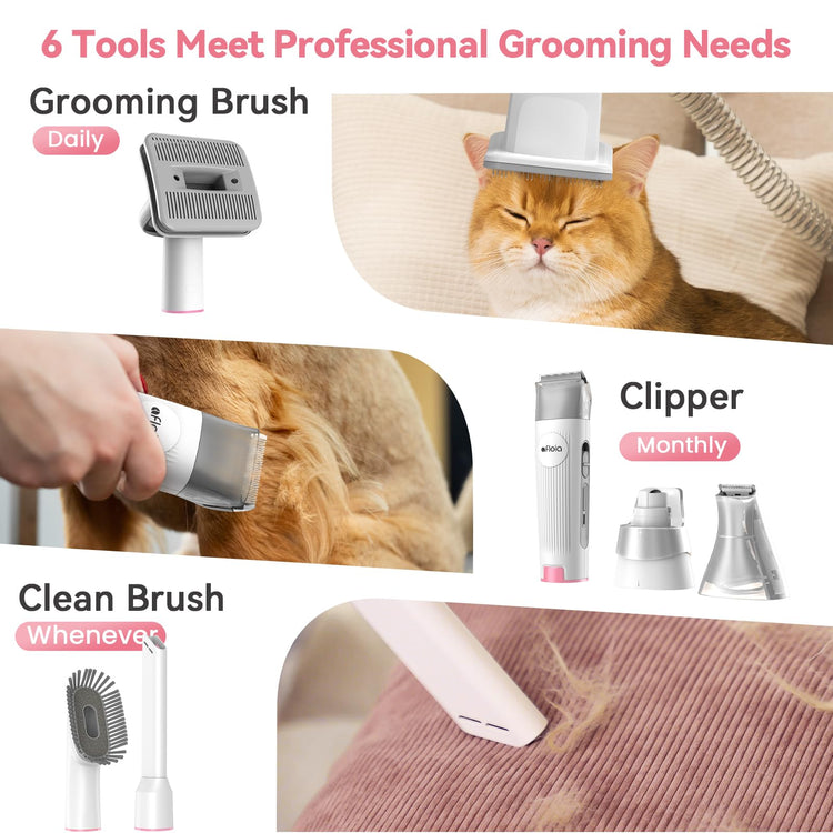 Afloia 6-in-1 Dog Grooming Kit, Pet Grooming Vacuum for Shedding, Dog Hair Vacuum with Clipper Nail Trimmer Grinder, Pet Brush Groomer at Home, Low Noise Cats Hair Remover, 1.5L Dust Cup, Pink