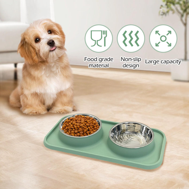 BNOSDM Double Dog Food Bowls Stainless Steel Dog Food and Water Bowls with Non-Spill Plastic Mat Pet Cat Feeder Bowl Set for Puppy Cats Kitten Small Medium Dogs Pink